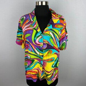 Jams World Shirt Womens Short Sleeves Groovy Funky Artsy Colorful Vacation L